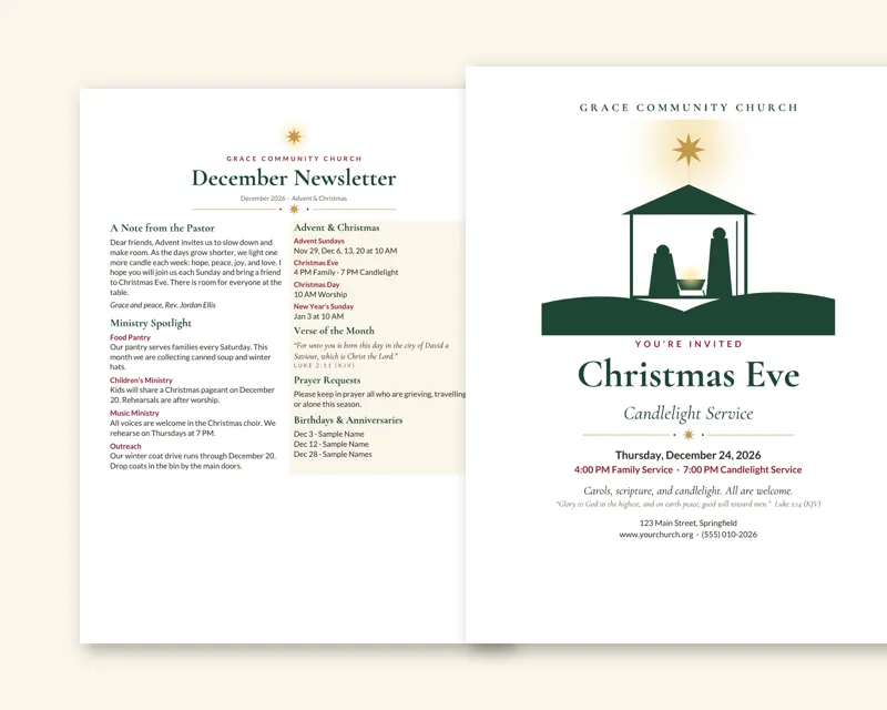 December Newsletter + Christmas Eve Flyer (Classic Evergreen) (Sample design, fictional church)